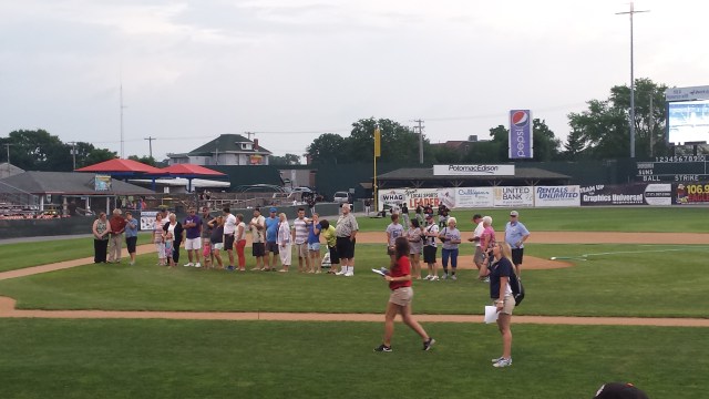 Relatives of former major leaguers from Washington County line up before the Hagerstown Suns game on Saturday, June 20.