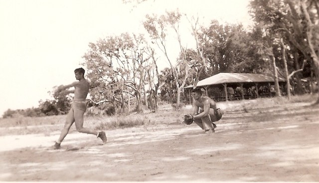 U. S. Marines playing ball, probably on Guam, 1944. From Boots Poffenberger's collection. 